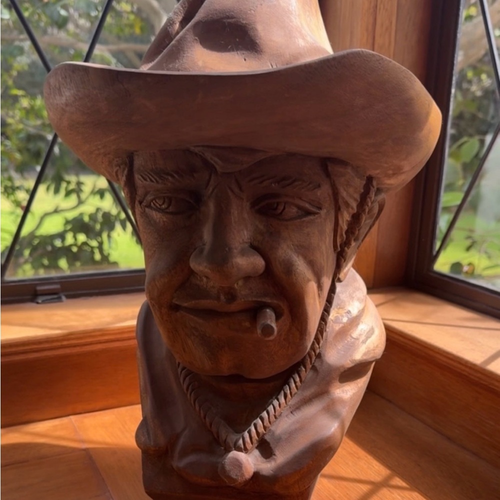 Brown Wooden Cowboy Bust Sculpture - Rustic Home Art Accent